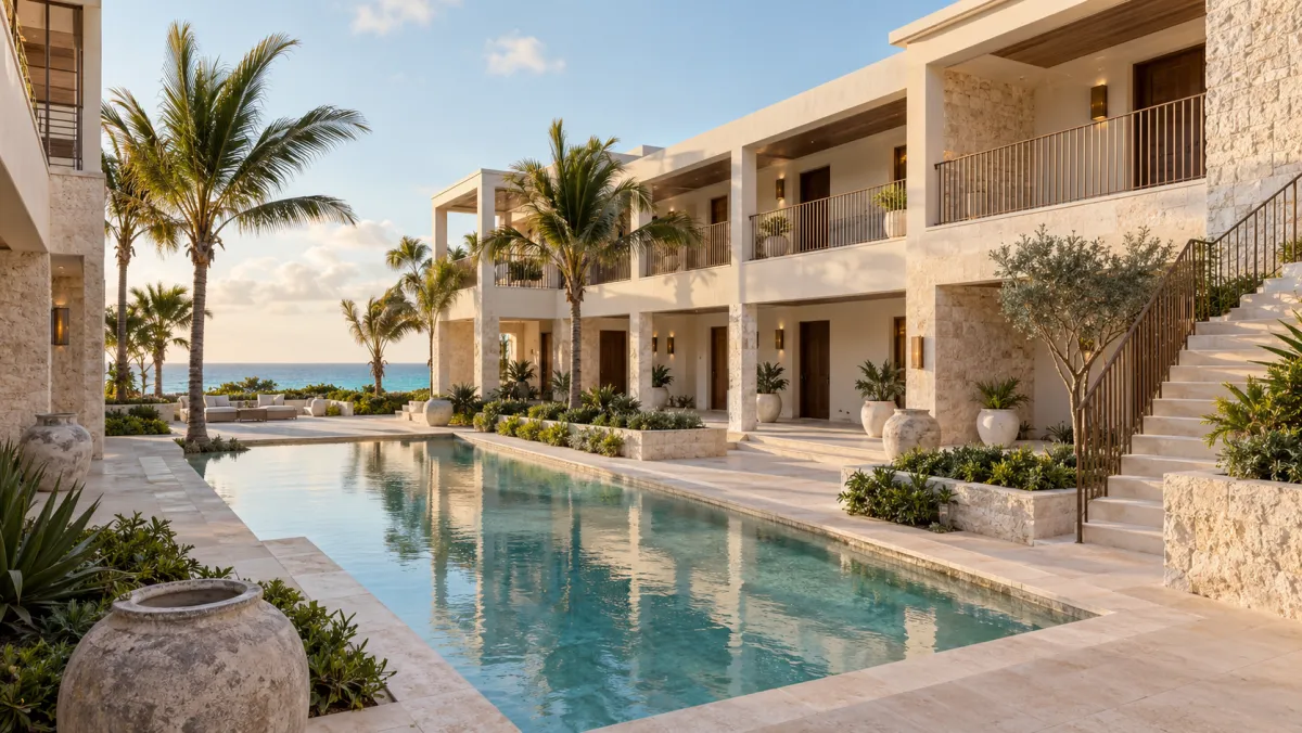 A small multi-unit property in Anguilla — separate doors, external stairs, a shared pool