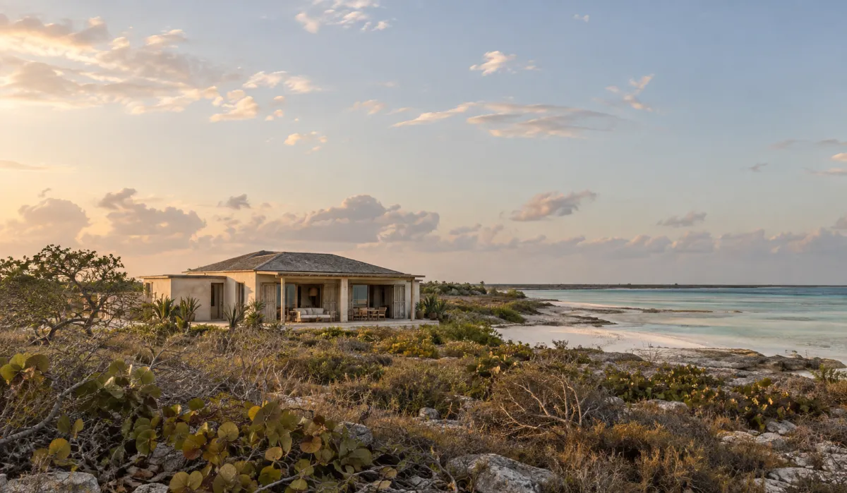 A single-storey villa on the Anguilla coast, dry scrub and pale shallow water beyond